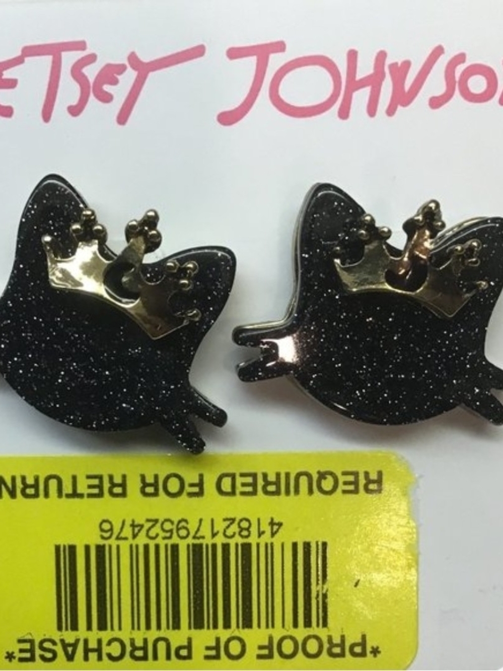 Betsey Johnson Black Glitter Cat Face Earrings with Gold Crowns